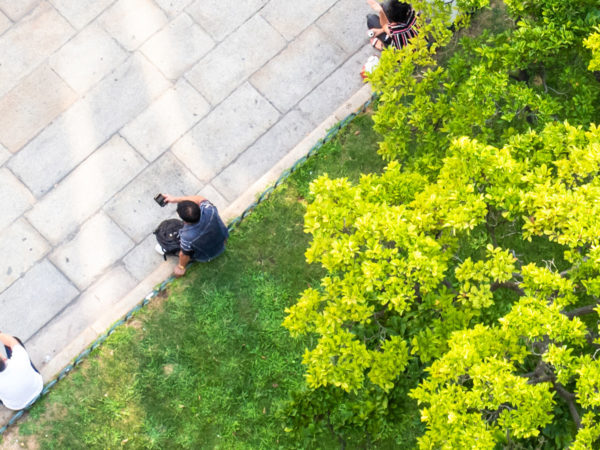 Luchtfoto van mensen zittend op een betonnen rand rond gras en bomen in een stedelijke omgeving