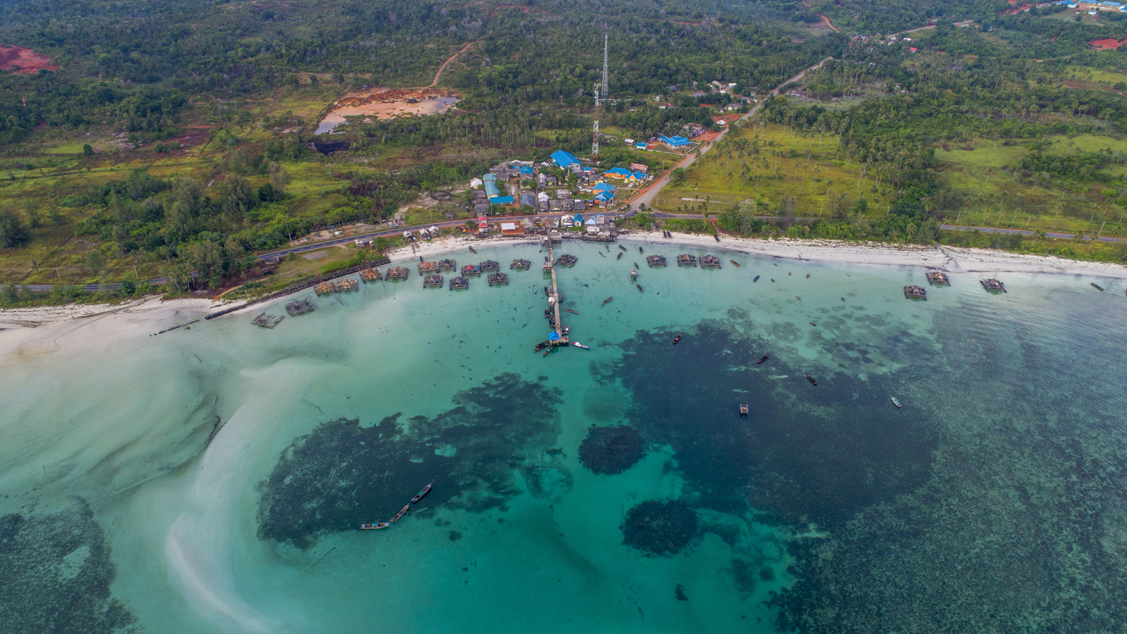 Tanjung Pinang Fishing village along Bintan coastal line aerial view, Indonesia
