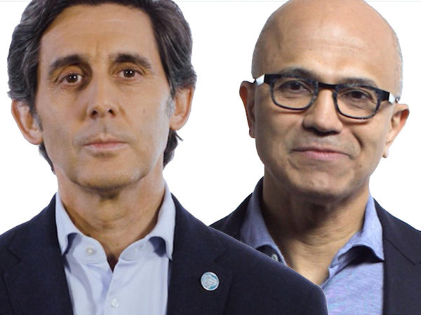 José María Álvarez-Pallete, Telefónican hallituksen puheenjohtaja ja toimitusjohtaja, ja Satya Nadella, Microsoftin toimitusjohtaja