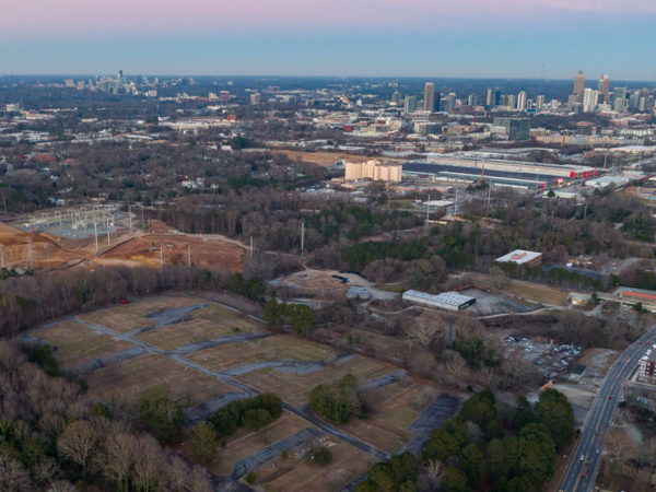 View of a construction site with the City of Atlanta in the distance