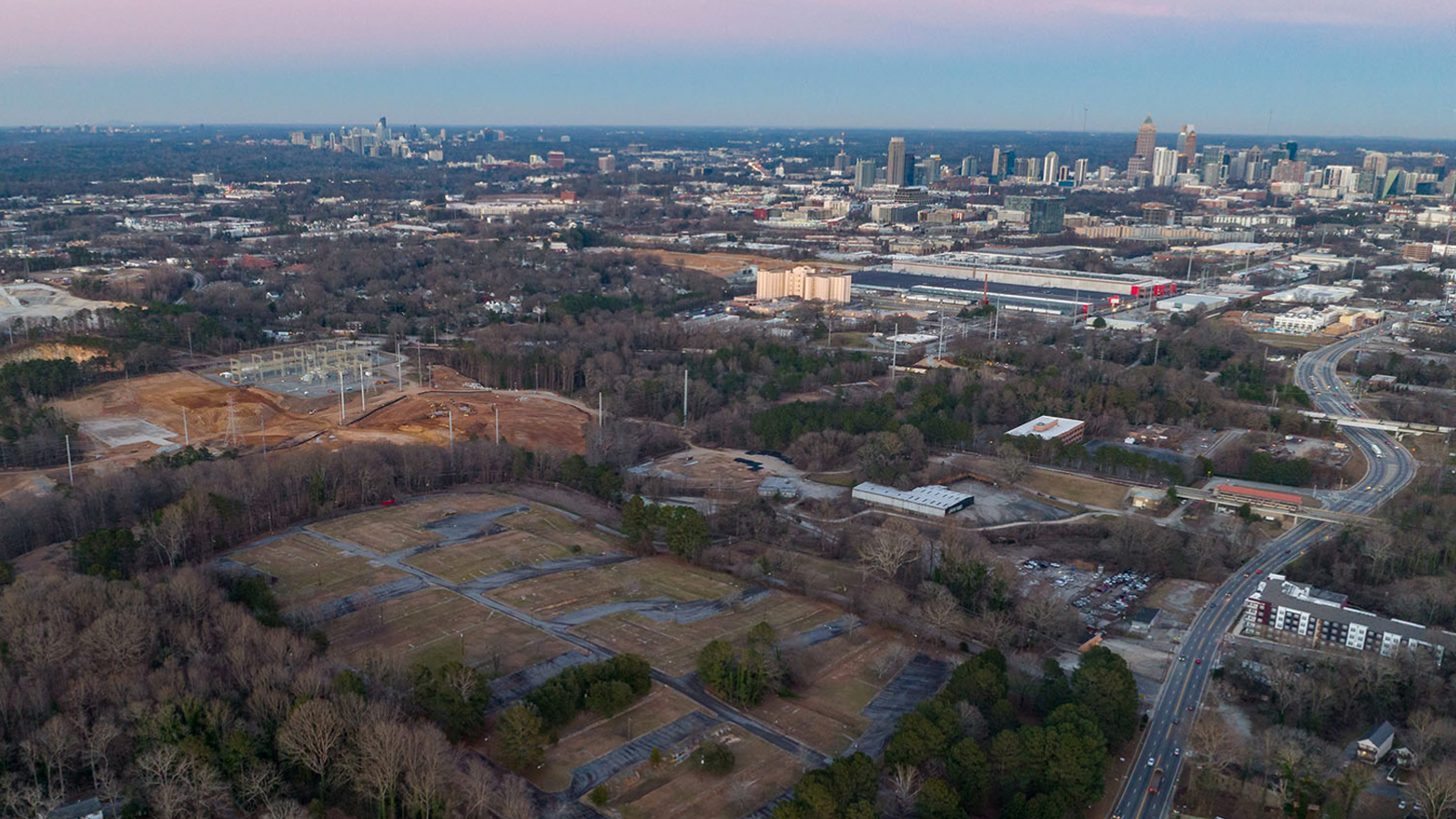 View of a construction site with the City of Atlanta in the distance