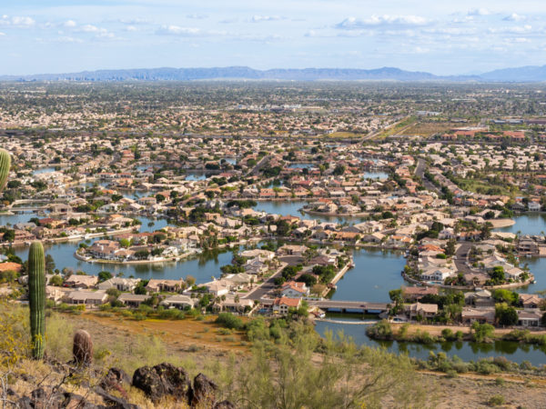 Aerial view of Phoenix with a cactus in the foreground