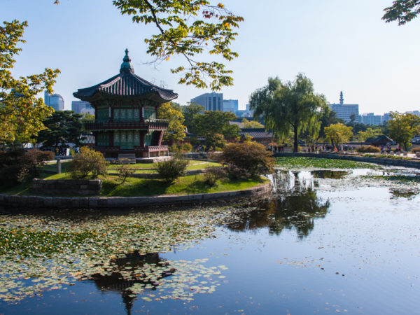 Hyangwonjeong Pavilion and pond scenery inside Gyeongbokgung Palace, Seoul, South Korea