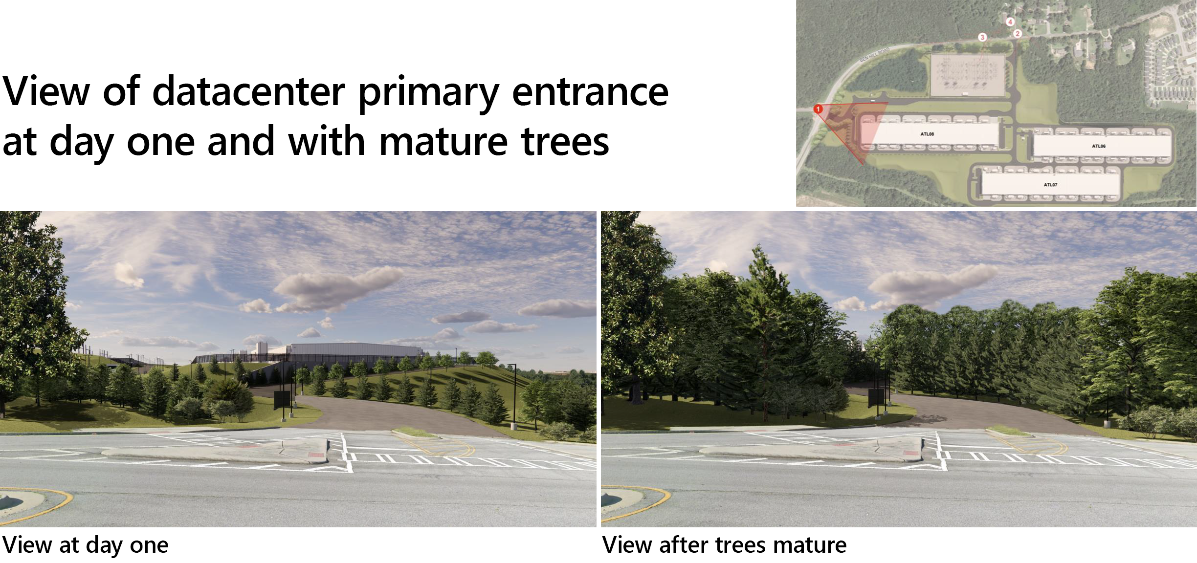 Pemandangan pintu masuk pusat data primer pada hari pertama dan dengan pohon-pohon dewasa