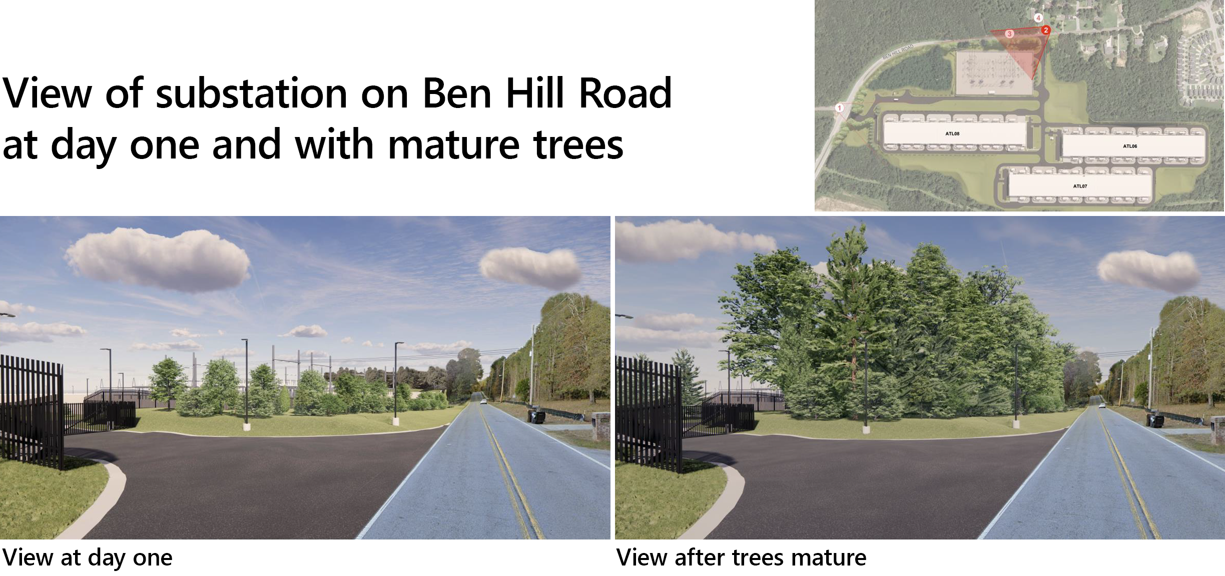Widok podstacji na Ben Hill Road w pierwszym dniu i z dojrzałymi drzewami