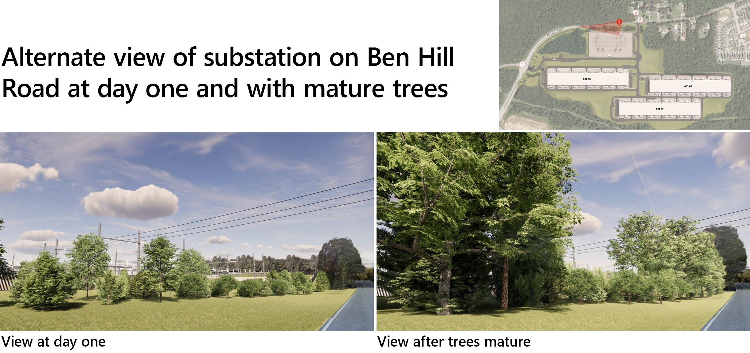 Vista alternativa de la subestación en Ben Hill Road en el primer día y con árboles maduros