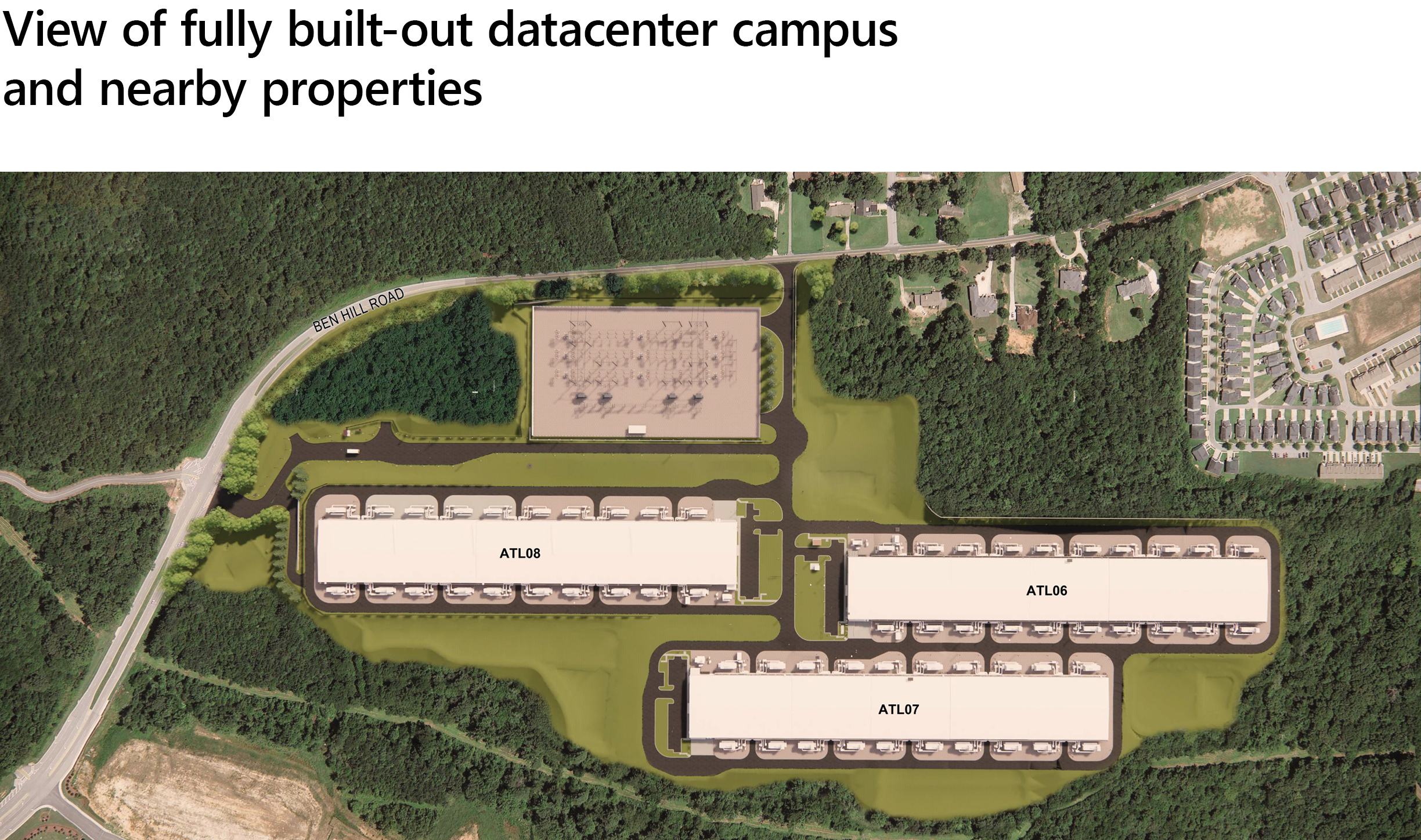 Vy över ett fullt utbyggt datacenter campus och närliggande fastigheter