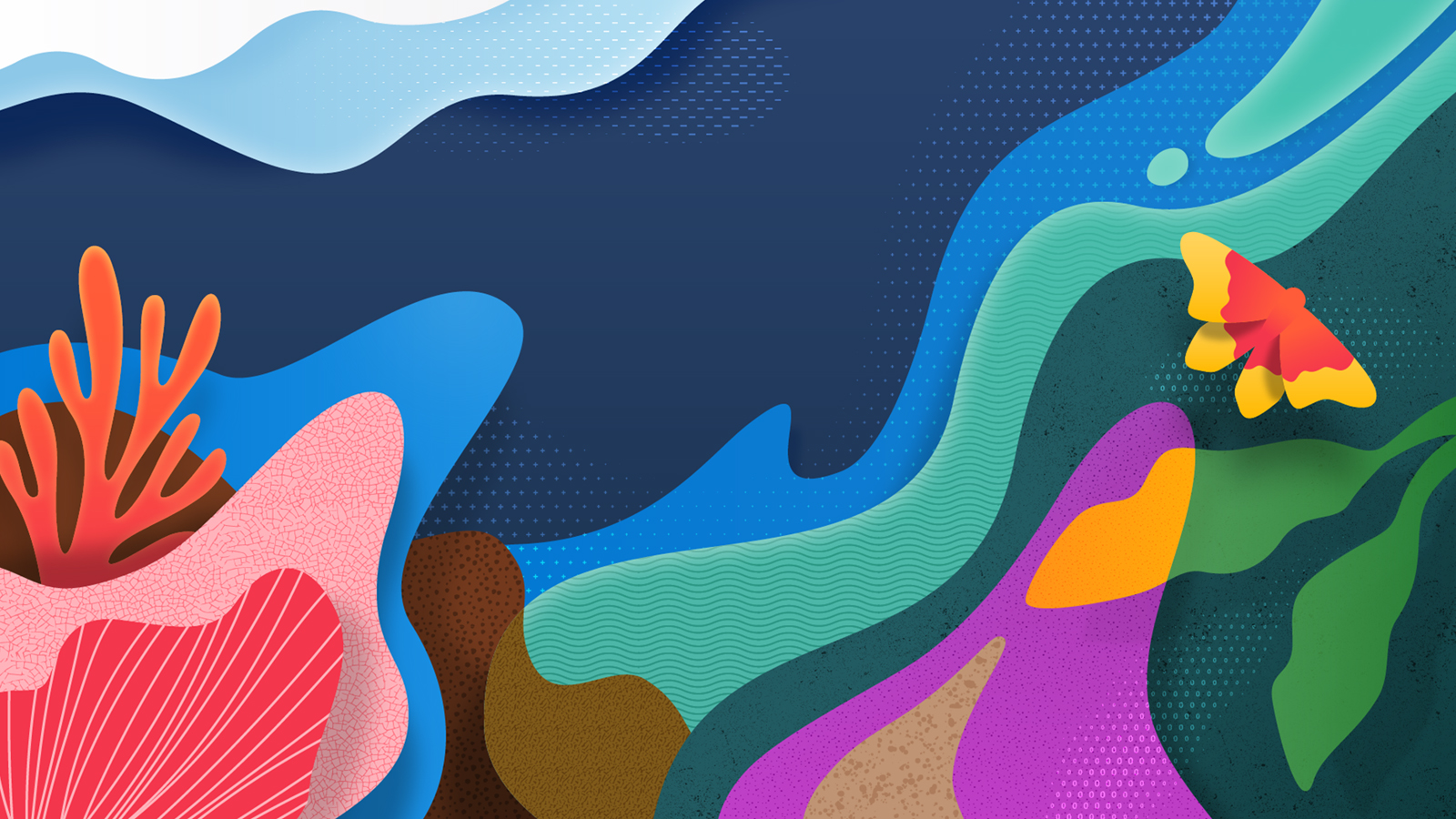 Graphic art showing a butterfly, organic shapes, and sea coral