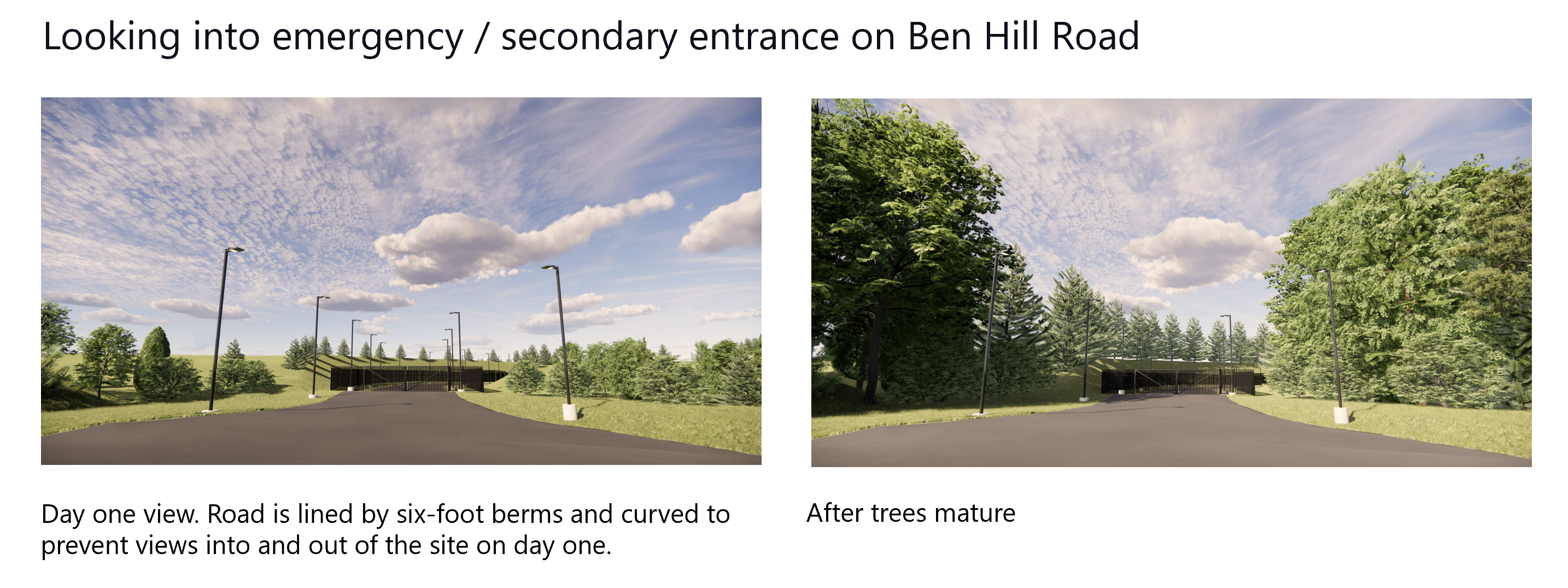 Pohled do nouzového vjezdu na Ben Hill Road