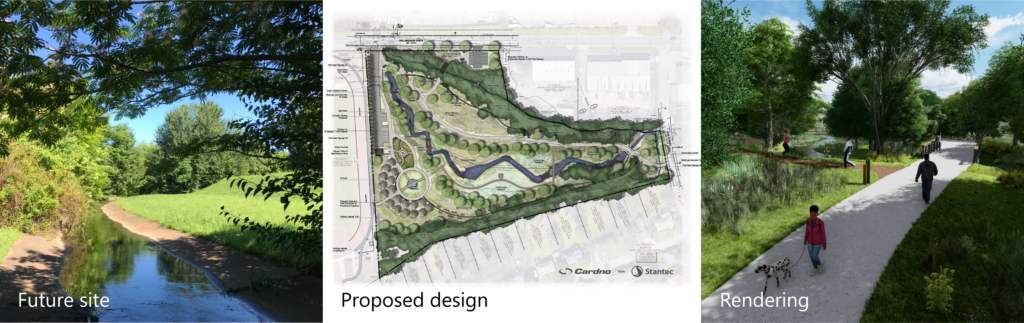 Drie afbeeldingen van de toekomstige locatie, een tekening van het voorgestelde plan en een rendering van de toekomstige locatie.