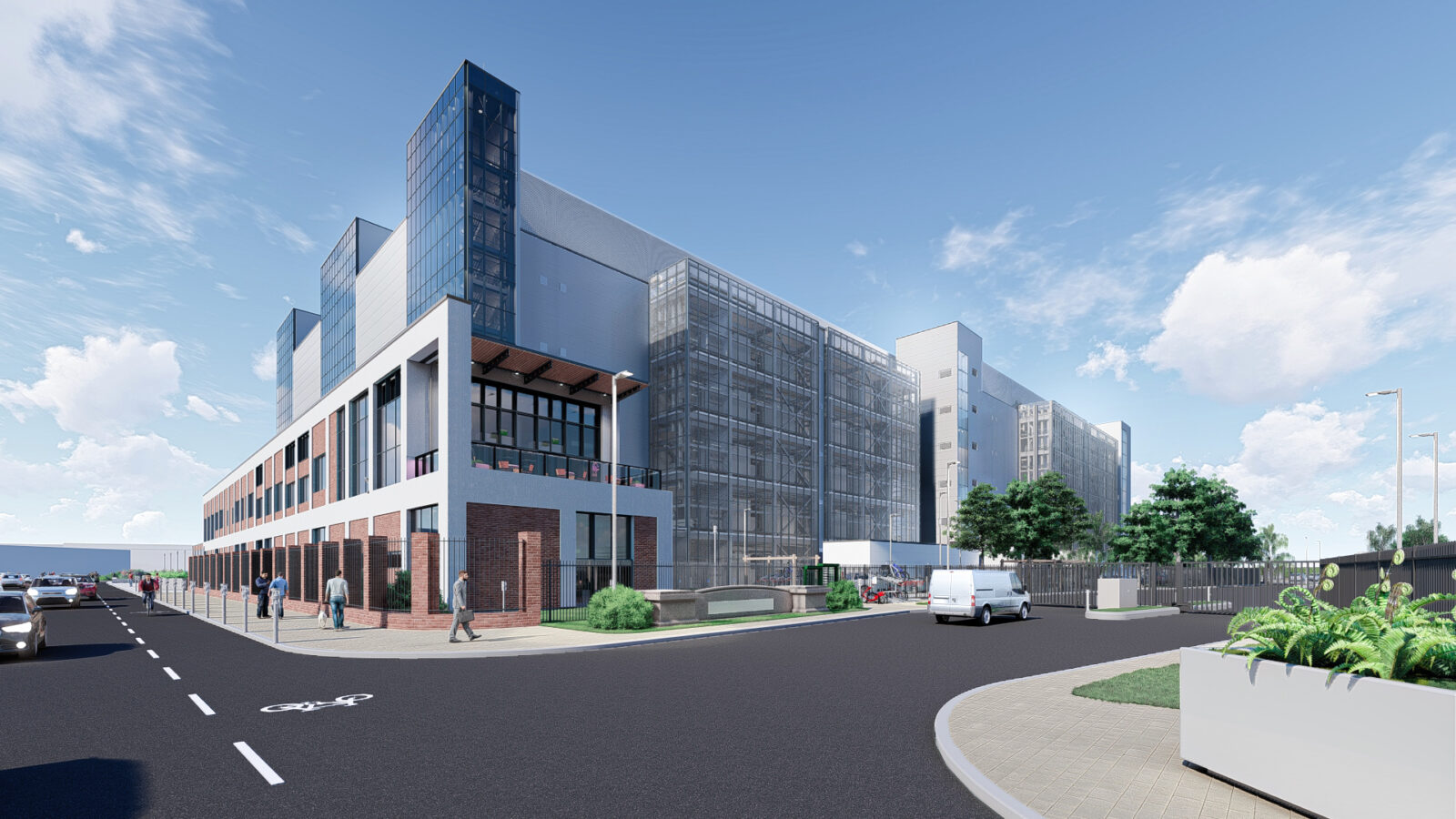 Daytime rendering of the Park Royal datacenter from the Southwest corner of the site looking Northeast.