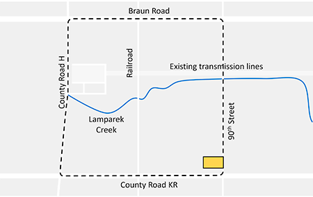 Map shows location of Microsoft's datacenter campus site in Mount Pleasant, WI. Yellow box shows the approximate location of southern construction entrance.