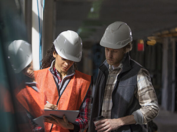 Trabajadores de la construcción en primera línea colaborando en una oficina móvil con Surface.