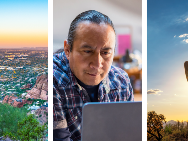 Een collage van beelden van mensen die werken in datacenters en Phoenix