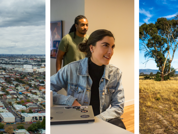 Eine Collage aus Bildern, die Vororte von Melbourne, Menschen, die in Rechenzentren arbeiten, und australische Bäume zeigen