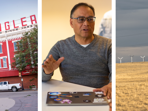 Ett collage av bilder som visar människor som arbetar i datacenter och landmärken i Cheyenne