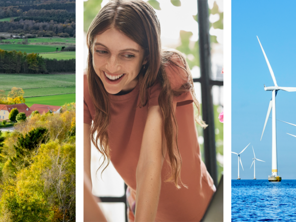 A collage of images showing people working in datacenters, Denmark landscape, and wind turbines in the water
