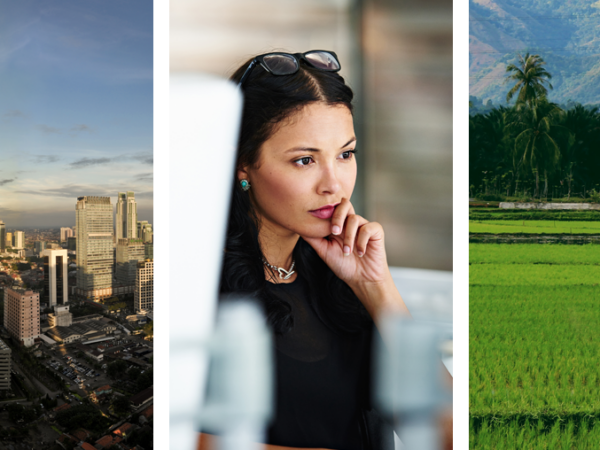 A collage of images showing people working in datacenters and Indonesian landmarks