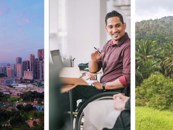 Collage di immagini che includono persone che lavorano al computer e vedute di Kuala Lumpur, Malesia