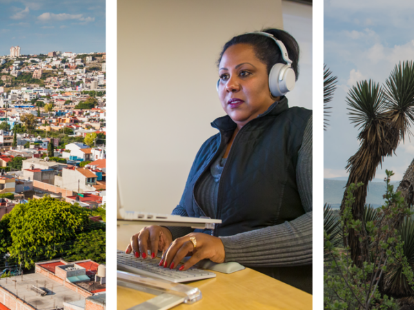 Un collage de imágenes que muestra a Querétaro México y a personas que trabajan en centros de datos