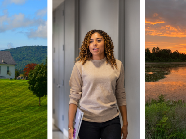 Ett collage av bilder som visar människor som arbetar i datacenter och landsbygden i norra Virginia