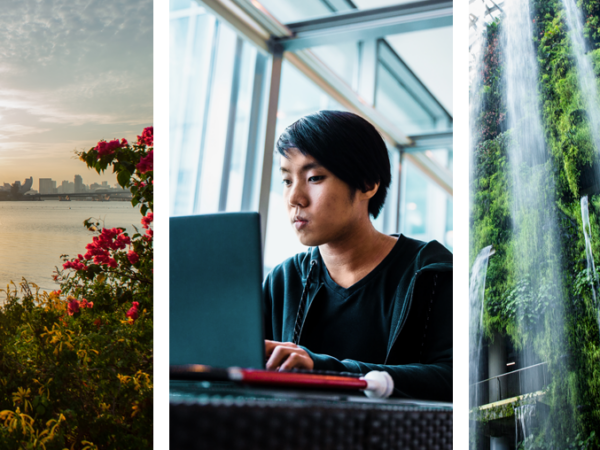 En collage af billeder, der viser folk, der arbejder i datacentre, og Singapores vartegn.