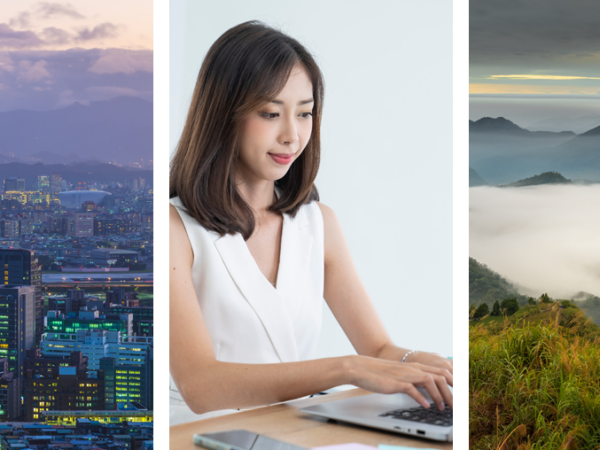 A collage of images showing people working in datacenters and Taiwan landmarks