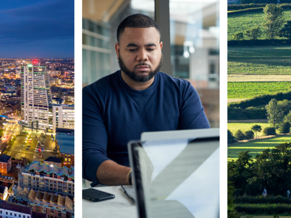Ett collage av bilder som visar människor som arbetar i datacenter och landmärken i Storbritannien