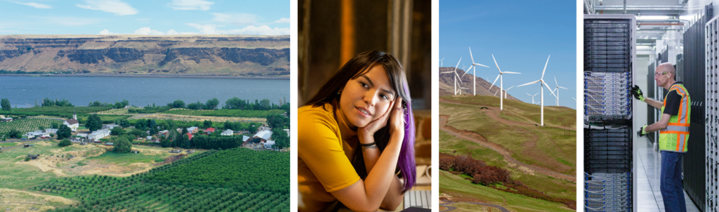 A collage of images showing the Columbia River basin, people working in datacenters, and wind turbines on a hillside