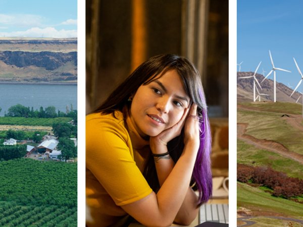 A collage of images showing the Columbia River basin, people working in datacenters, and wind turbines on a hillside