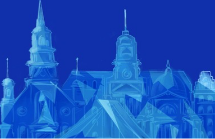 Boceto digital en azul claro y oscuro de una arquitectura única