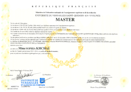 Sophia's master's degree certificate