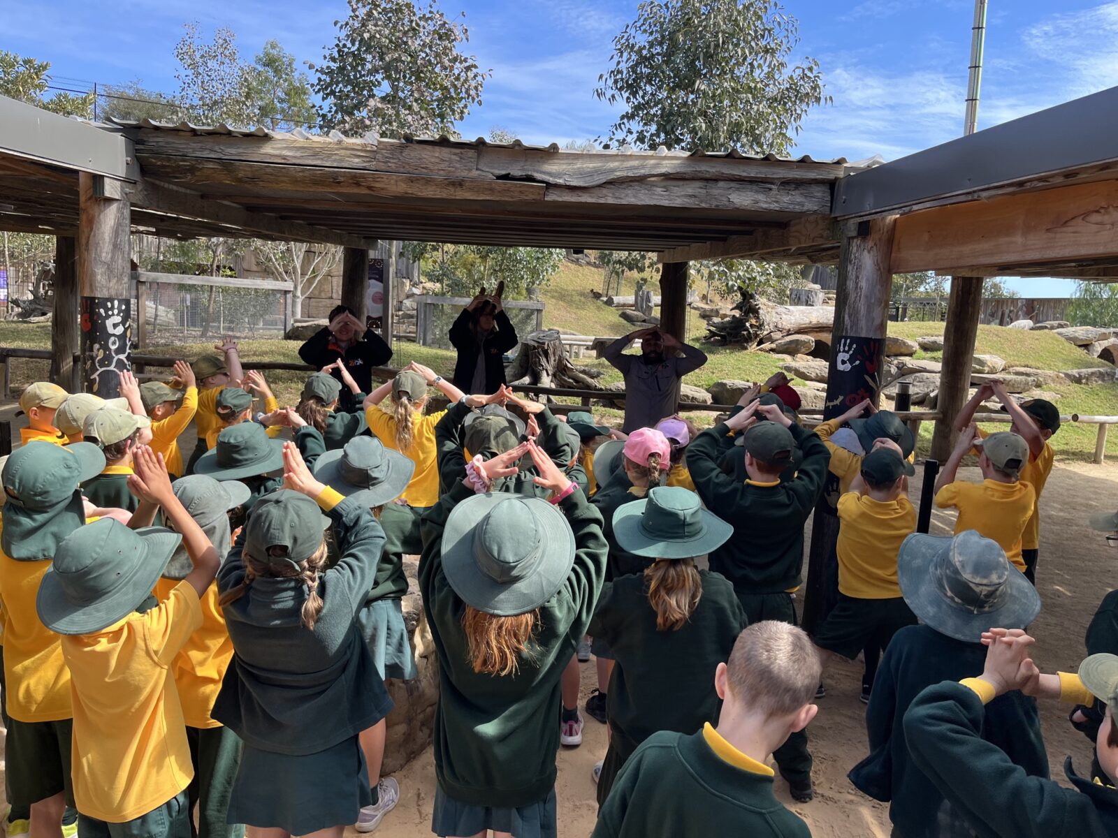 A large group of children in green hats learning from zoo keepers at a zoo