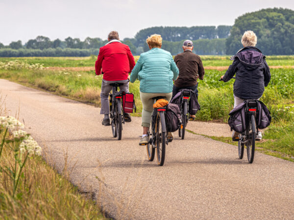 Four elderly people riding e-bikes