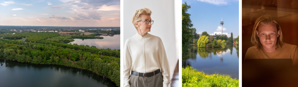 A collage of images including a large lake, a distant view of the Rheinturm, and people working in a datacenter setting