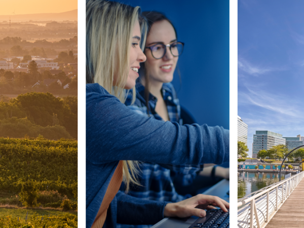 Un collage di immagini che include vedute di Vienna e persone che lavorano in un datacenter