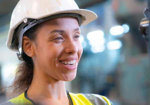 A smiling young woman with a hard hat