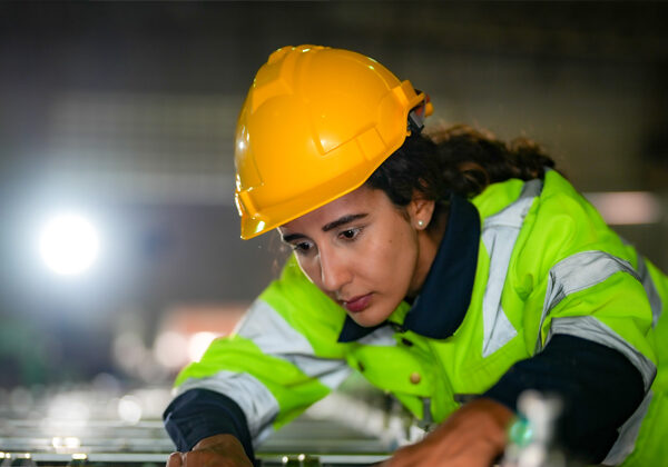 Seorang wanita muda dengan topi keras bekerja di tapak pembinaan