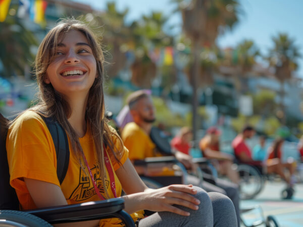 Seorang anak perempuan di kursi roda di Olimpiade Khusus