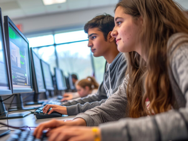 केंद्रित छात्र एक प्रौद्योगिकी वर्ग में कंप्यूटर पर काम करते हैं, सॉफ्टवेयर कोडिंग और विकसित करते हैं।