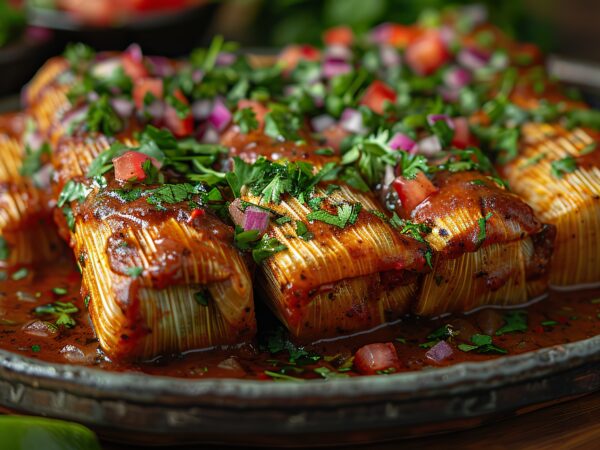 A plate of chicken tamales with mole sauce, cilantro, and tomatoes