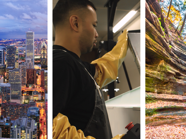 Photo collage including an aerial view of Chicago, a waterfall in Starved Rock State Park, and people working in datacenters