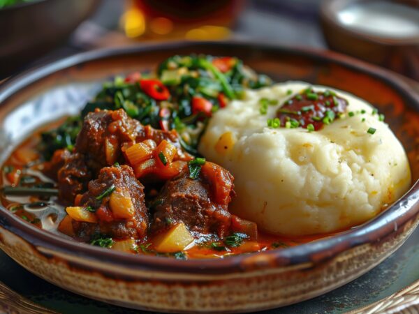 Fufu (pounded yam) with goat meat, sauce, and vegetables