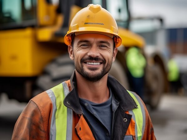 A construction worker with a hardhat smiling at the camera