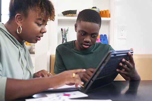 A woman and a youth work on a computer together