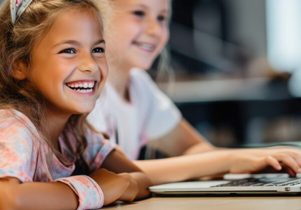 Kids learning on computers in a mobile vehicle