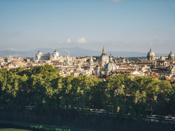 Aerial view over a large city in Italy