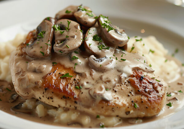 a plate of chicken topped with mushrooms in a creamy white sauce