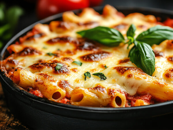 A dish of baked noodles with cheese and meat