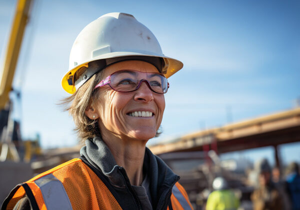 A woman wearing a hardhat at a construction site